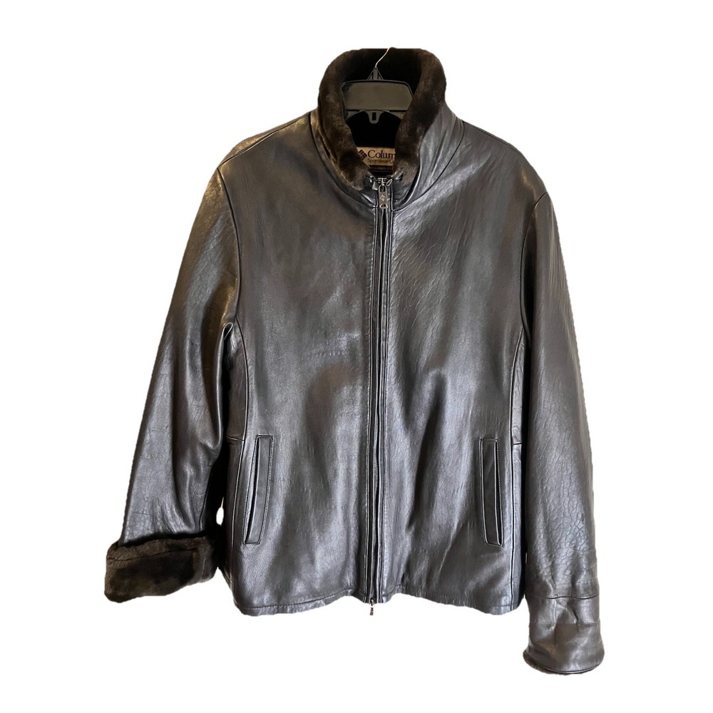 Columbia Leather Jacket Brown Black Sz XL‎ Sherpa Lined Heavy Warm
